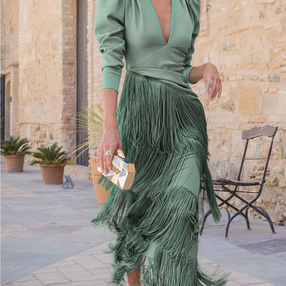 Chic Long Sleeve Fringe Dress in Teal - Picture 5 of 8